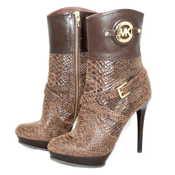 Michael Kors Stockard Stiletto Platform Snakeskin Bootie Size 9.5 Brown Leather - Picture 2 of 14